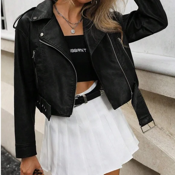 Luxe Vegan Leather Zip up Cropped Moto Biker Jacket